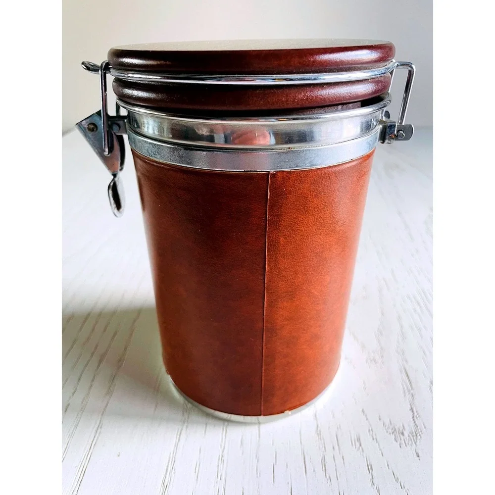 1997 Don Diego Embossed Faux Leather Coffee Canister Wooden Lid Airtight Storage